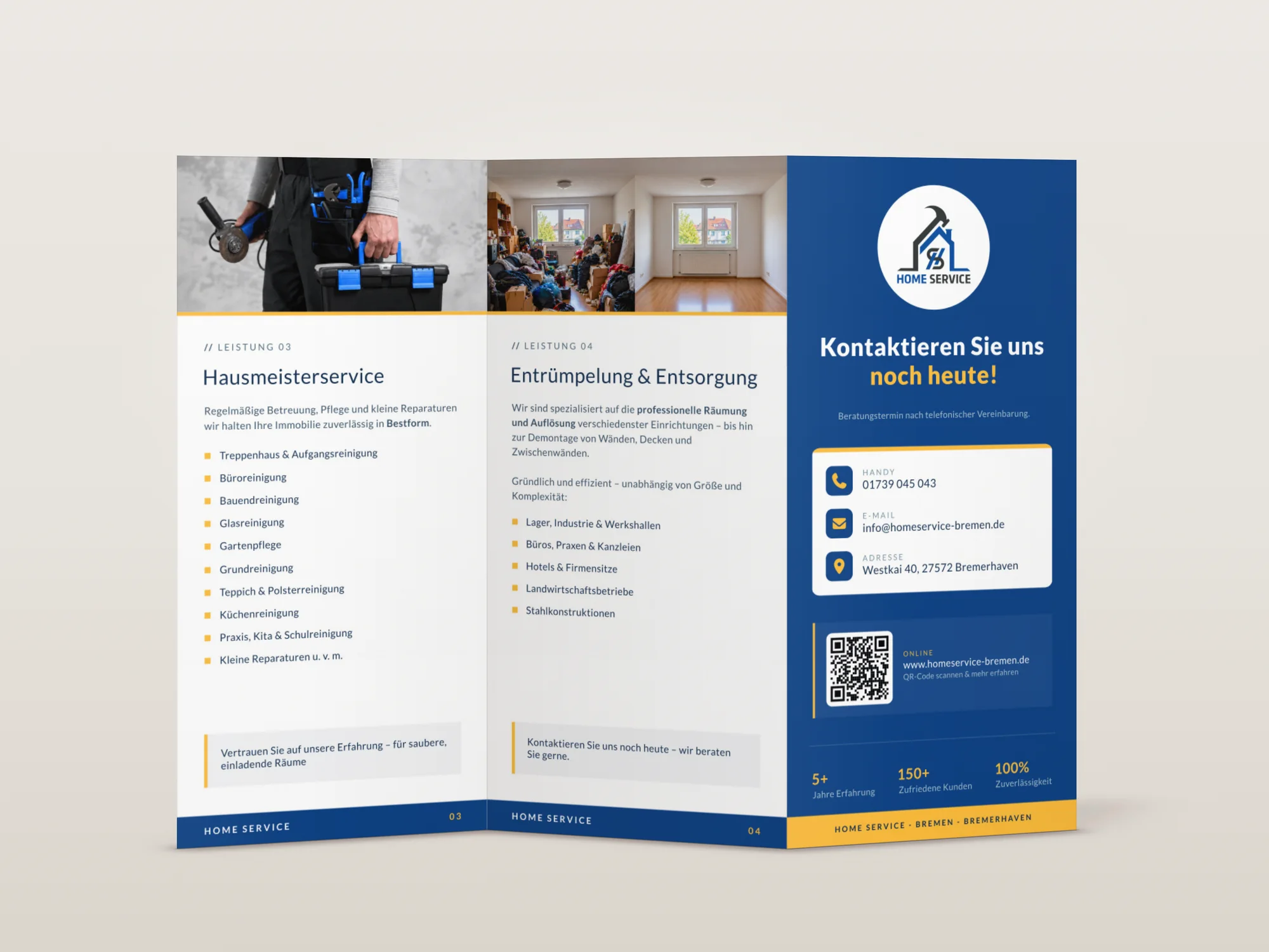 Home Service Faltflyer, aufgestellt: Leistung 3 und 4 mit Kontaktseite